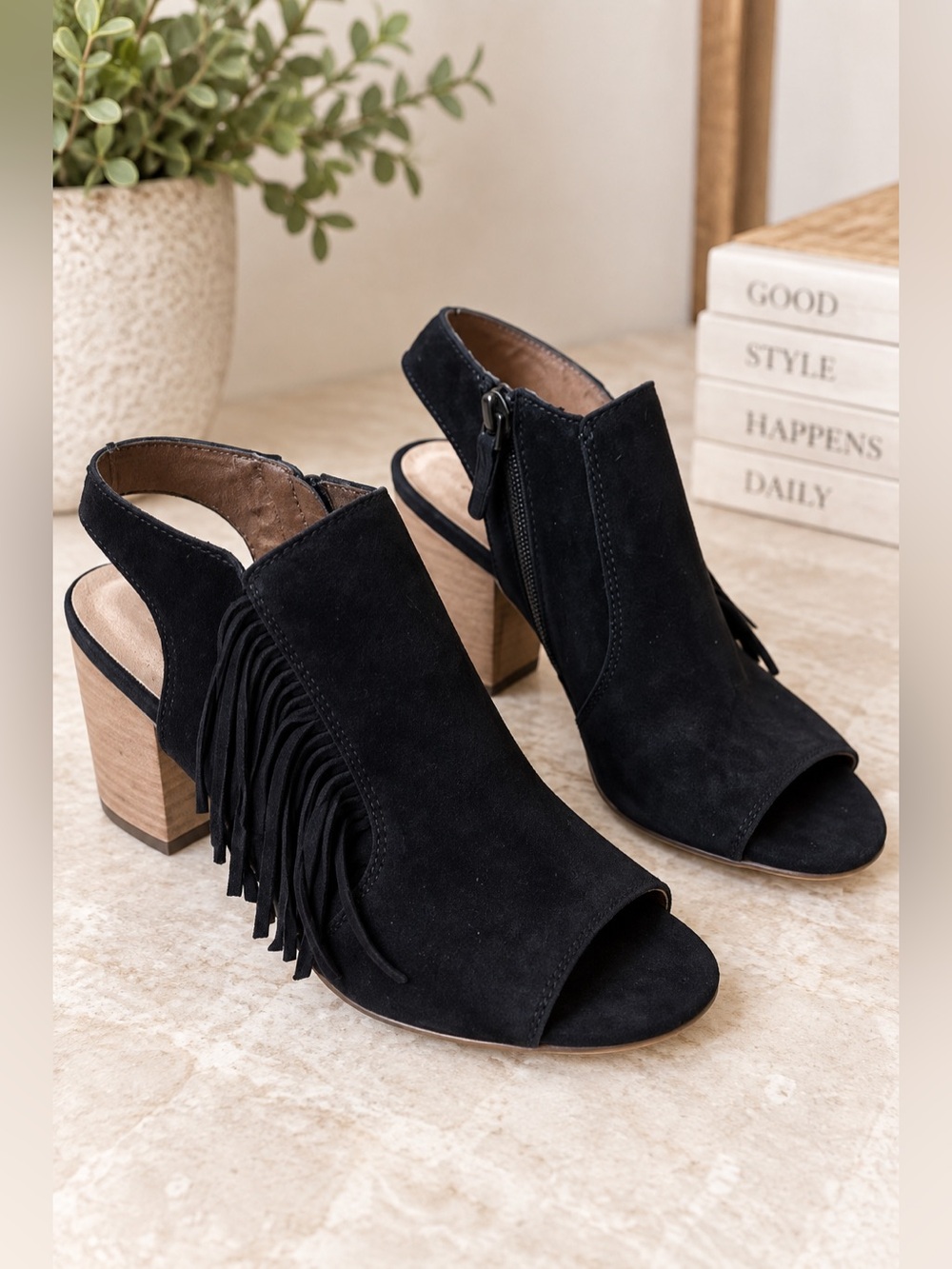 Tamaris‎ Suede Tassel Open Toe Chunky Heel Booties Size 37 Black Slingback